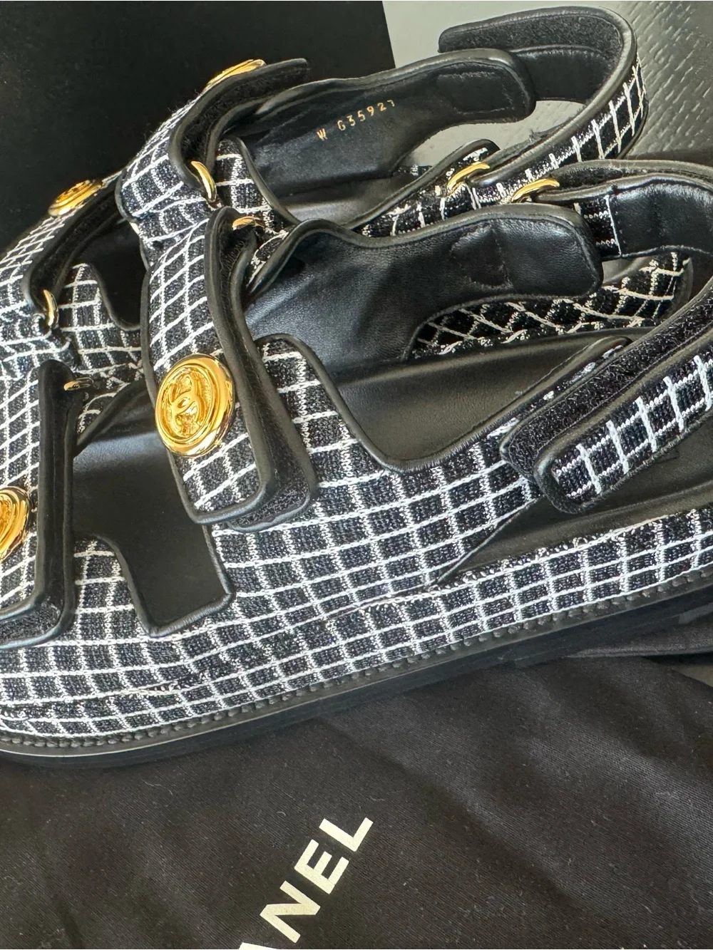 CHANEL Women’s Black & White Tweed Velcro Sandals with Gold Medallions Size: 7.5